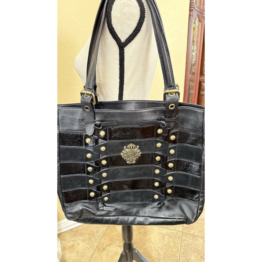 Kate Landry Black Leather Studded Tote Bag Large Paisley Lined Shoulder Purse